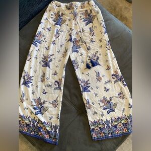 Angie Cream Wide-Leg Pants with Blue & Purple Floral Border